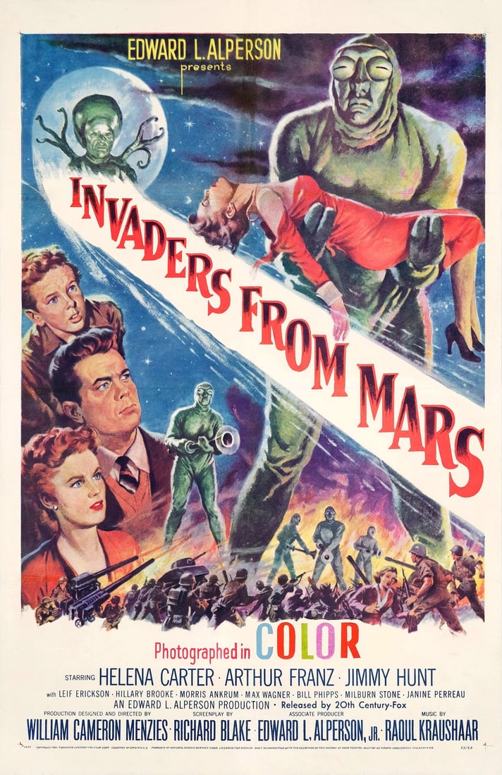 INVADERS FROM MARS - One Sheet (27" x 41.5"); Fine+ on Linen: INVADERS FROM MARS One Sheet (27" x 41.5") ; Fine+ on Linen 20th Century Fox, 1953 Featuring some of the most interesting imagery from a 1950s sci-fi classic, this or