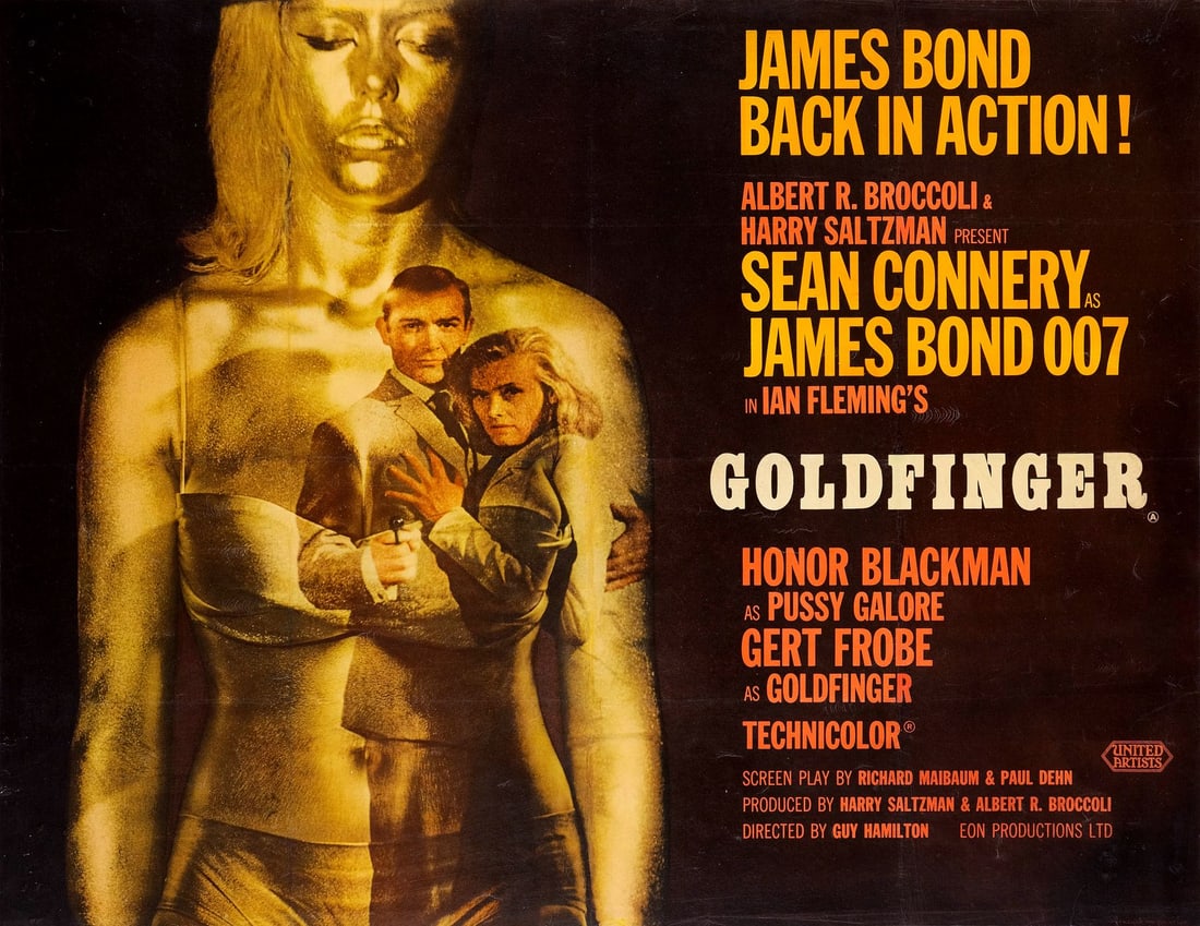 JAMES BOND: GOLDFINGER - Full-Bleed British Quad (39.25" x 30.25"); Country-of-Origin, Style A; Very: JAMES BOND: GOLDFINGER Full-Bleed British Quad (39.25" x 30.25"); Country-of-Origin, Style A ; Very Fine- on Linen; Artwork by Robert Brownjohn United Artists, 1964 T