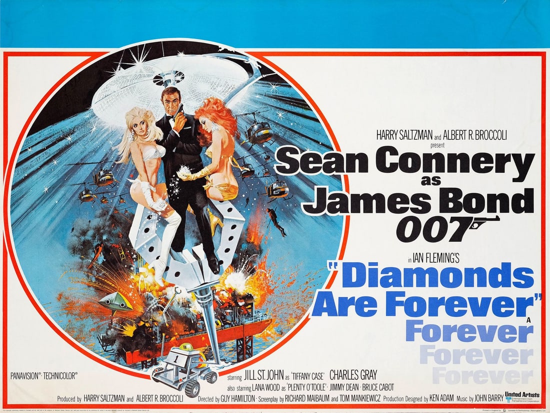 JAMES BOND: DIAMONDS ARE FOREVER - British Quad (40" x 30"); Country-of-Origin; Very Fine Rolled: JAMES BOND: DIAMONDS ARE FOREVER British Quad (40" x 30"); Country-of-Origin ; Very Fine Rolled; Artwork by Robert McGinnis United Artists, 1971 This country-of-origi