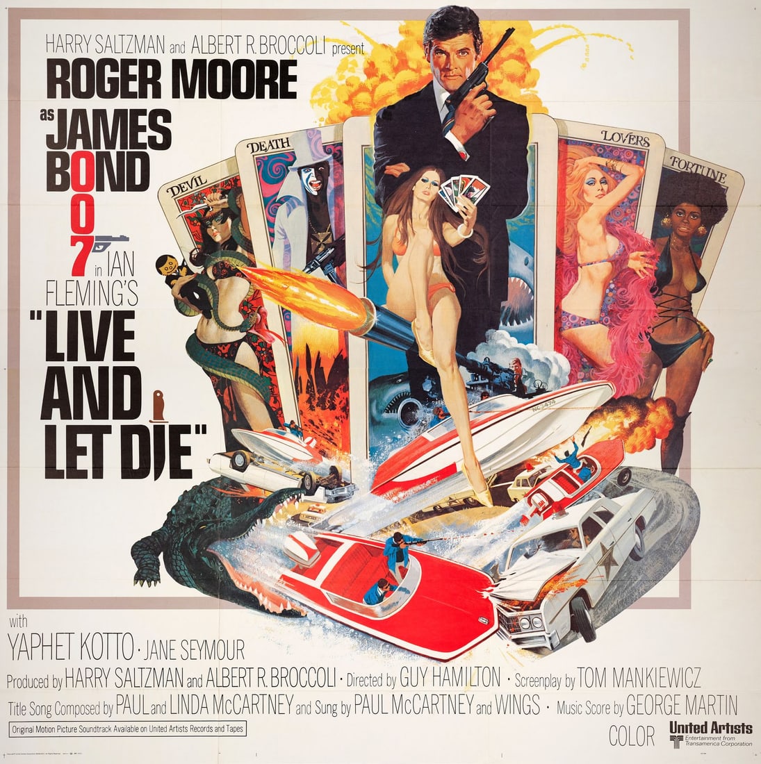 JAMES BOND: LIVE AND LET DIE - Six Sheet (77" x 78"); Near Mint Folded: JAMES BOND: LIVE AND LET DIE Six Sheet (77" x 78") ; Near Mint Folded; Artwork by Robert McGinnis United Artists, 1973 James Bond encounters the occult arts of Tarot cards and voodoo while he chases