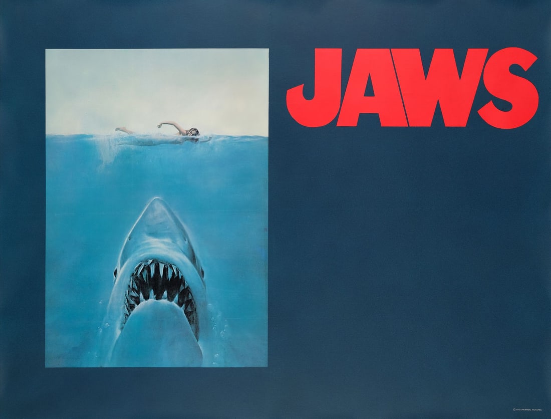 JAWS - Subway Poster (59" x 45.75"); The Collection of the Late J. Stephen Ryan; Advance; Fine+ on: JAWS Subway Poster (59" x 45.75"); Advance ; The Collection of the Late J. Stephen Ryan Fine+ on Linen; Artwork by Roger Kastel Universal, 1975 This advance subway poster was issued without any
