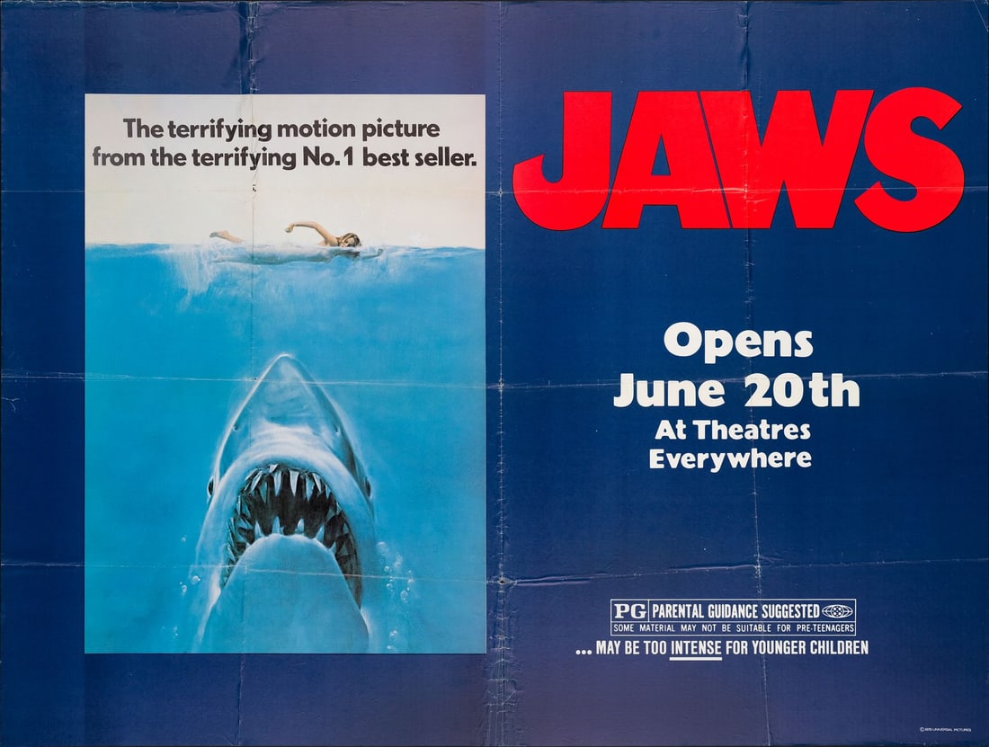 JAWS - New York Subway Poster (59.5" x 44.5"); The Collection of the Late J. Stephen Ryan; Advance;: JAWS New York Subway Poster (59.5" x 44.5"); Advance ; The Collection of the Late J. Stephen Ryan Fine+ Folded; Artwork by Roger Kastel Universal, 1975 This advance subway poster is folded and shows
