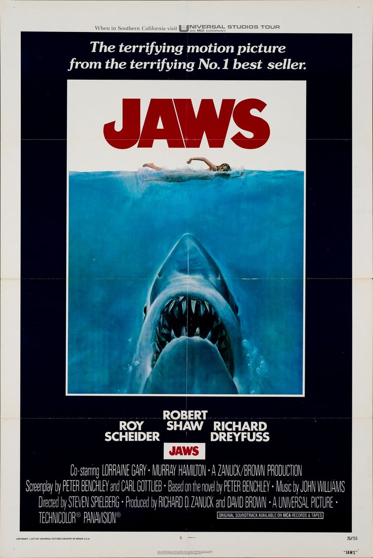 JAWS - One Sheet (27" x 41"); The Collection of the Late J. Stephen Ryan; Near Mint Folded: JAWS One Sheet (27" x 41") ; The Collection of the Late J. Stephen Ryan Near Mint Folded; Artwork by Roger Kastel Universal, 1975 This one sheet is in superb condition, with only general fold wear.