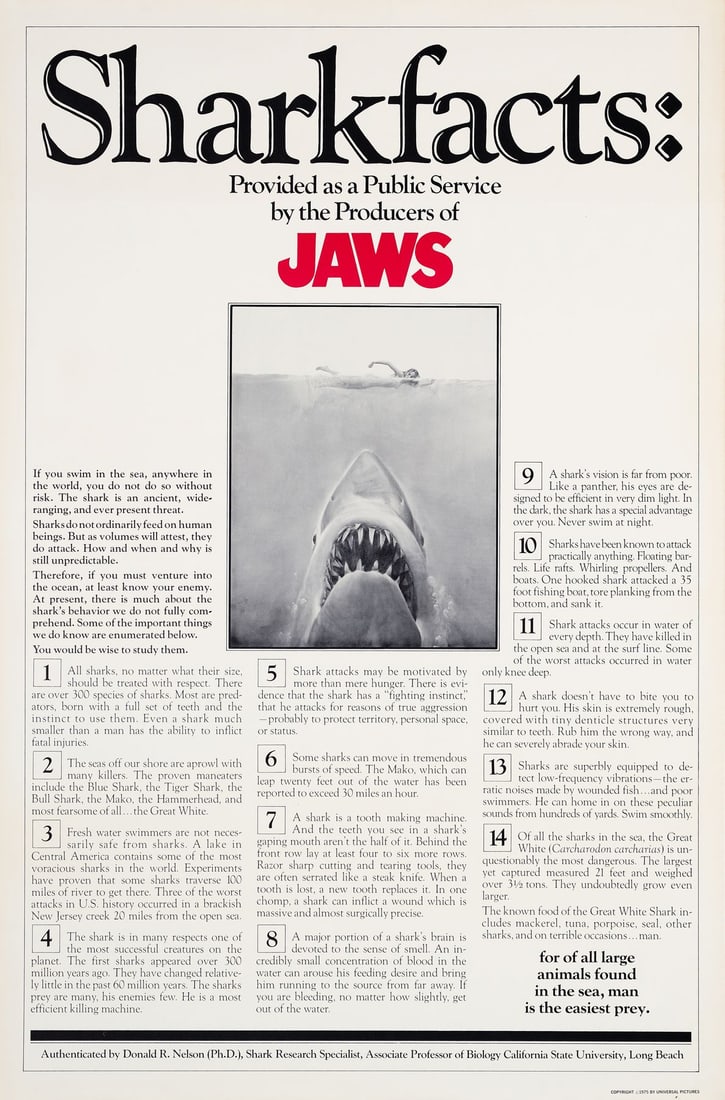 JAWS - One Sheet (27" x 41"); Sharkfacts Style; Very Fine+ Rolled: JAWS One Sheet (27" x 41"); Sharkfacts Style ; Very Fine+ Rolled; Artwork by Roger Kastel Universal, 1975 Featuring the iconic artwork by Roger Kastel, this "Sharkfacts" one sheet is in outstanding