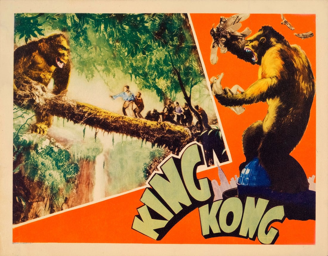 KING KONG - Lobby Card (11" x 14"); Very Fine-: KING KONG Lobby Card (11" x 14") ; Very Fine- RKO, 1933 The card depicts crew members from the S.S. Venture as they encounter the mighty Kong on Skull Island while attempting to cross a ravine by