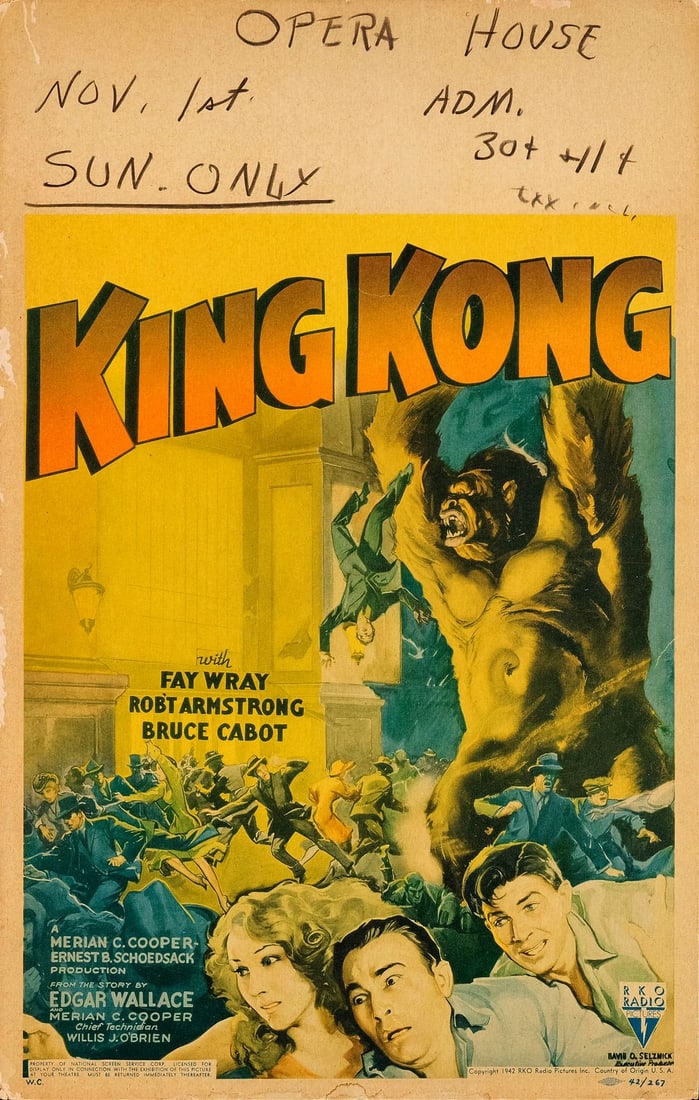 KING KONG - Window Card (14" x 22"); Fine: KING KONG Window Card (14" x 22") ; Fine RKO, R-1942 This spectacular window card features action-packed artwork of King Kong terrorizing the streets of New York City. The design is identical to that