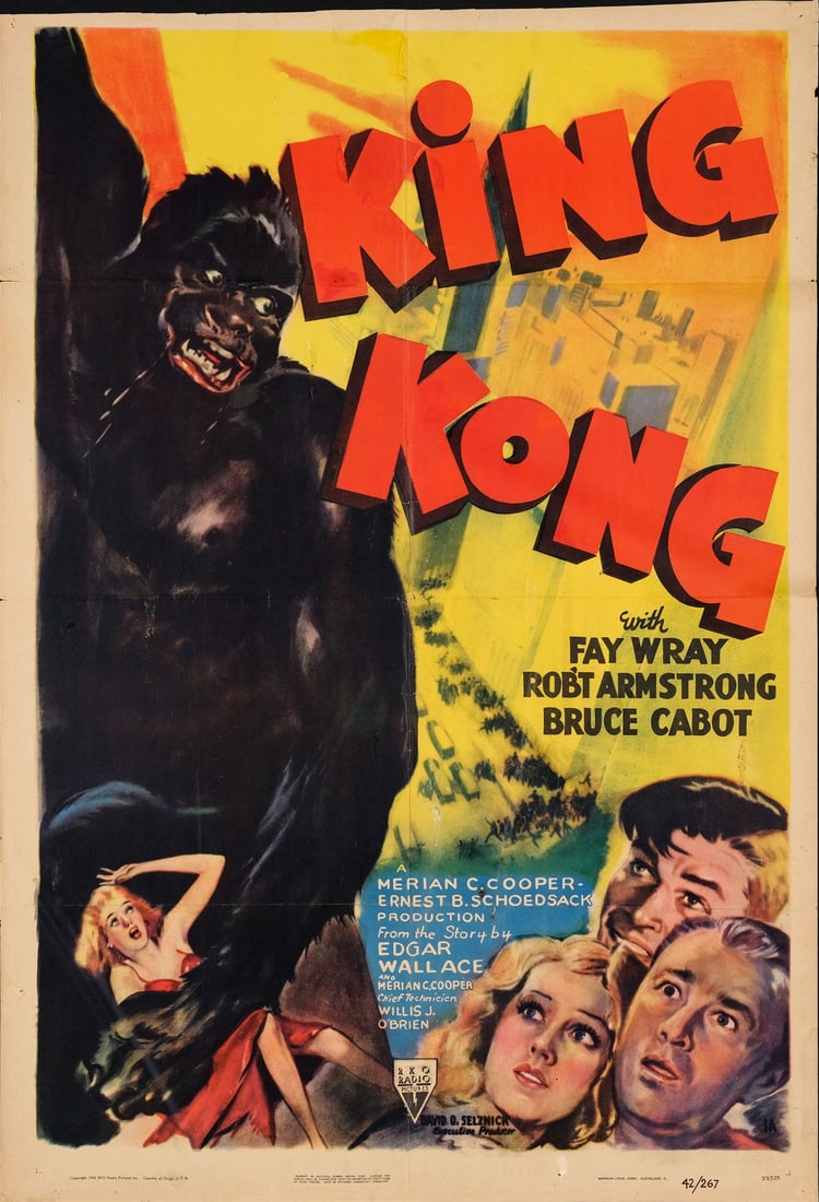 KING KONG - One Sheet (27" x 40"); Fine+ Folded: KING KONG One Sheet (27" x 40") ; Fine+ Folded RKO, R-1942 In this spectacular and scarce poster from the film's 1942 re-release by RKO, King Kong grips the stunning Fay Wray in his giant hand as he