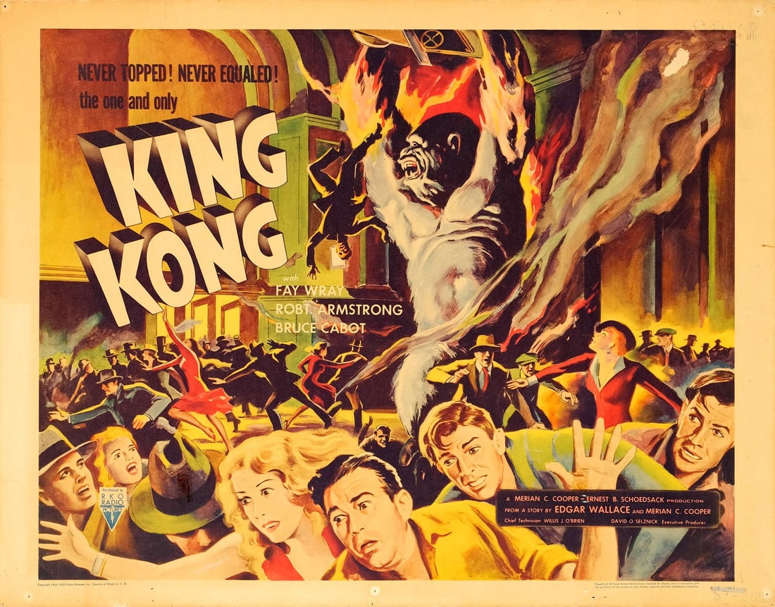 KING KONG - Half Sheet (22" x 28"); Very Fine- Rolled: KING KONG Half Sheet (22" x 28") ; Very Fine- Rolled RKO, R-1956 Displayed in New York as "The Eighth Wonder of the World," the mighty King Kong breaks loose from a theater and is shown on a rampage