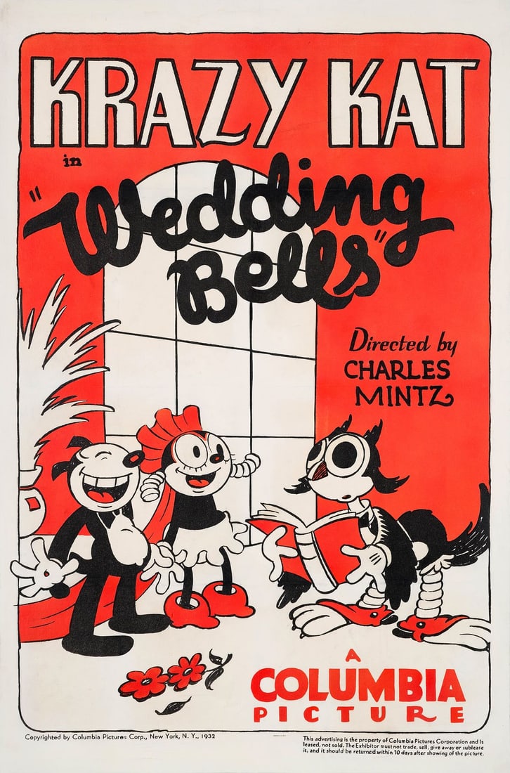 KRAZY KAT IN WEDDING BELLS - One Sheet (27" x 40.75"); Fine- on Linen: KRAZY KAT IN WEDDING BELLS One Sheet (27" x 40.75") ; Fine- on Linen Columbia, 1933 An owl officiant presides over the wedding of Krazy Kat and Kitty Kat in this one sheet from the popular Columbia