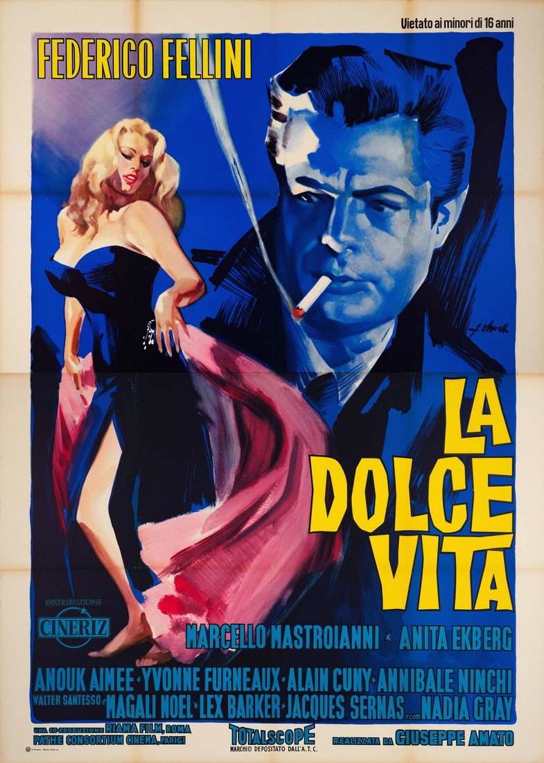 LA DOLCE VITA - Italian Four Fogli (55" x 77"); Country-of-Origin; Very Fine+ on Linen: LA DOLCE VITA Italian Four Fogli (55" x 77"); Country-of-Origin ; Very Fine+ on Linen; Artwork by Giorgio Olivetti Cineriz, 1960 From one of the greatest achievements in Italian cinema-and one of the