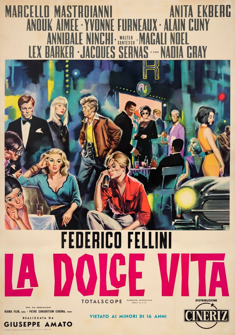 LA DOLCE VITA - Italian Four Fogli (55" x 77.5"); Country-of-Origin, Style B; Very Fine Folded: LA DOLCE VITA Italian Four Fogli (55" x 77.5"); Country-of-Origin, Style B ; Very Fine Folded Cinerz, 1960 From one of the absolute greatest achievements in Italian cinema, Propstore is proud to