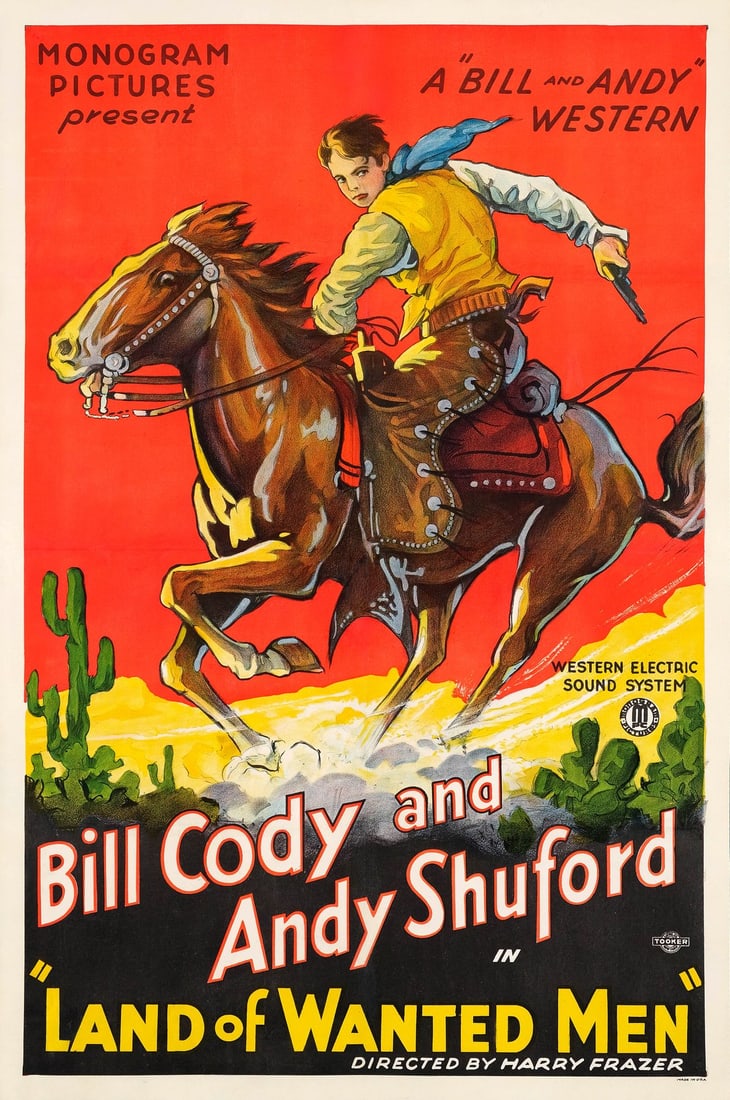 LAND OF WANTED MEN - One Sheet (27" x 41"); Stone Lithograph; Very Fine- on Linen: LAND OF WANTED MEN One Sheet (27" x 41"); Stone Lithograph ; Very Fine- on Linen Monogram, 1931 Bill Cody thunders across a desert landscape in this beautiful stone lithograph from an early sound