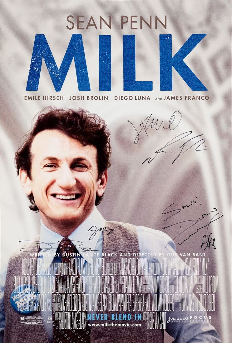 MILK - One Sheet (27" x 40") Signed by Sean Penn, Josh Brolin, Diego Luna, James Franco, Emile: MILK One Sheet (27" x 40"); Double-Sided Signed by Sean Penn, Josh Brolin, Diego Luna, James Franco, Emile Hirsch and Dustin Lance Black (Grad Authenticated); Fine+ Rolled Focus Features, 2008<