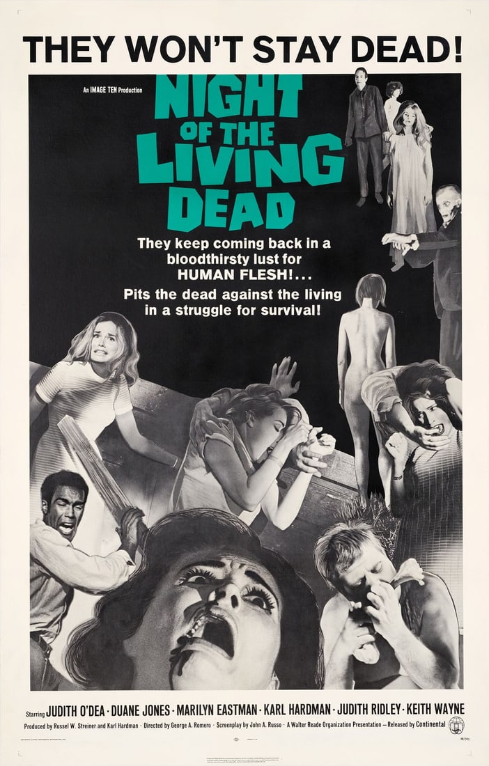 NIGHT OF THE LIVING DEAD - One Sheet (27.25" x 41"); Very Fine+ on Linen: NIGHT OF THE LIVING DEAD One Sheet (27.25" x 41") ; Very Fine+ on Linen Continental, 1968 This one sheet was professionally linen-backed, with expert touch-ups limite