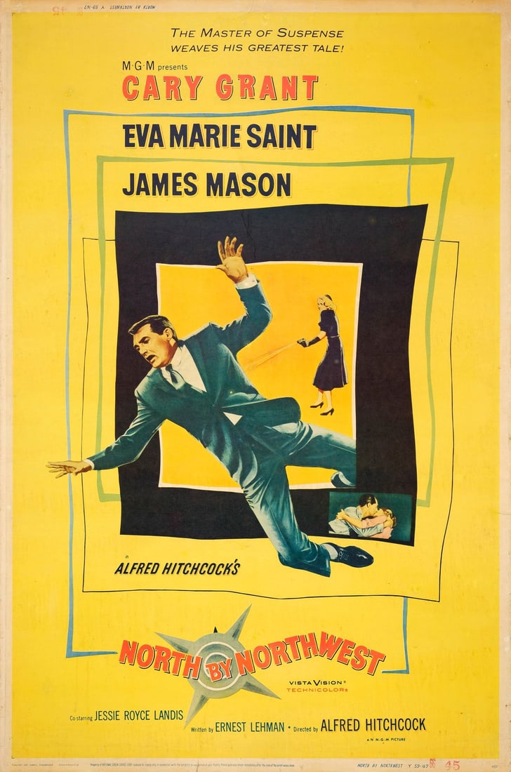 NORTH BY NORTHWEST - 40 x 60; Very Fine- Rolled: NORTH BY NORTHWEST 40 x 60 ; Very Fine- Rolled MGM, 1959 This 40 x 60 poster is rare in this format and is the only full-color US poster produced. The poster is rolle