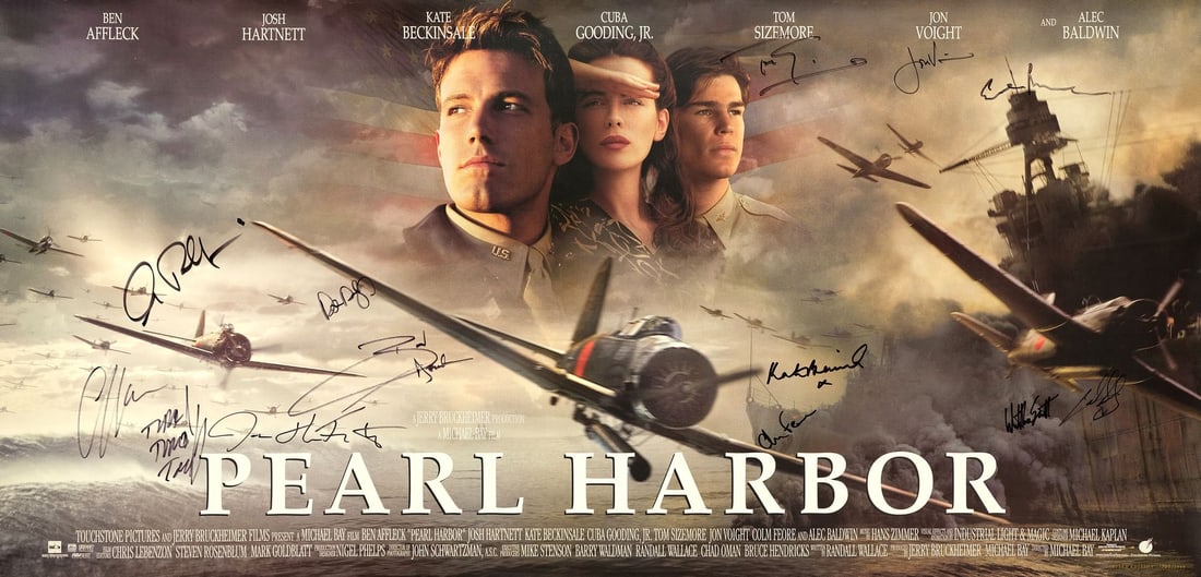 PEARL HARBOR - Limited Edition Banner Style Poster (60" x 29") Signed by Ben Affleck, Josh Hartnett,: PEARL HARBOR Limited Edition Banner Style Poster (60" x 29"); #1980/2000 Signed by Ben Affleck, Josh Hartnett, Jerry Bruckheimer, Michael Bay, and 6 More (JSA COA); Near Mint Rolled Buena Vista