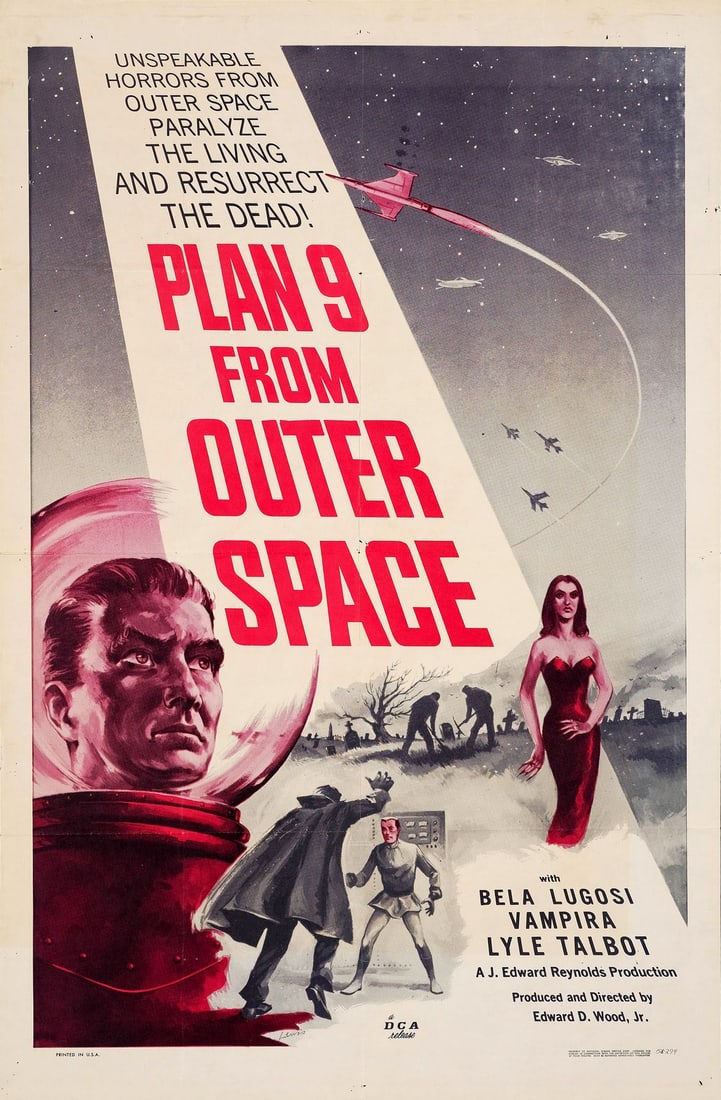 PLAN 9 FROM OUTER SPACE - One Sheet (27" x 41"); Very Fine+ Folded: PLAN 9 FROM OUTER SPACE One Sheet (27" x 41") ; Very Fine+ Folded; Artwork by David Lewis DCA, 1957 This one sheet is folded in excellent condition with a light addit