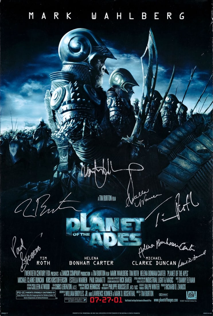 PLANET OF THE APES - One Sheet (27" x 40") Signed by Mark Wahlberg, Estella Warren, Tim Roth, Helena: PLANET OF THE APES One Sheet (27" x 40"); Double-Sided Signed by Mark Wahlberg, Estella Warren, Tim Roth, Helena Bonham Carter, Paul Giamatti, Tim Burton (Director) and Richard D. Zanuck (Producer) (J