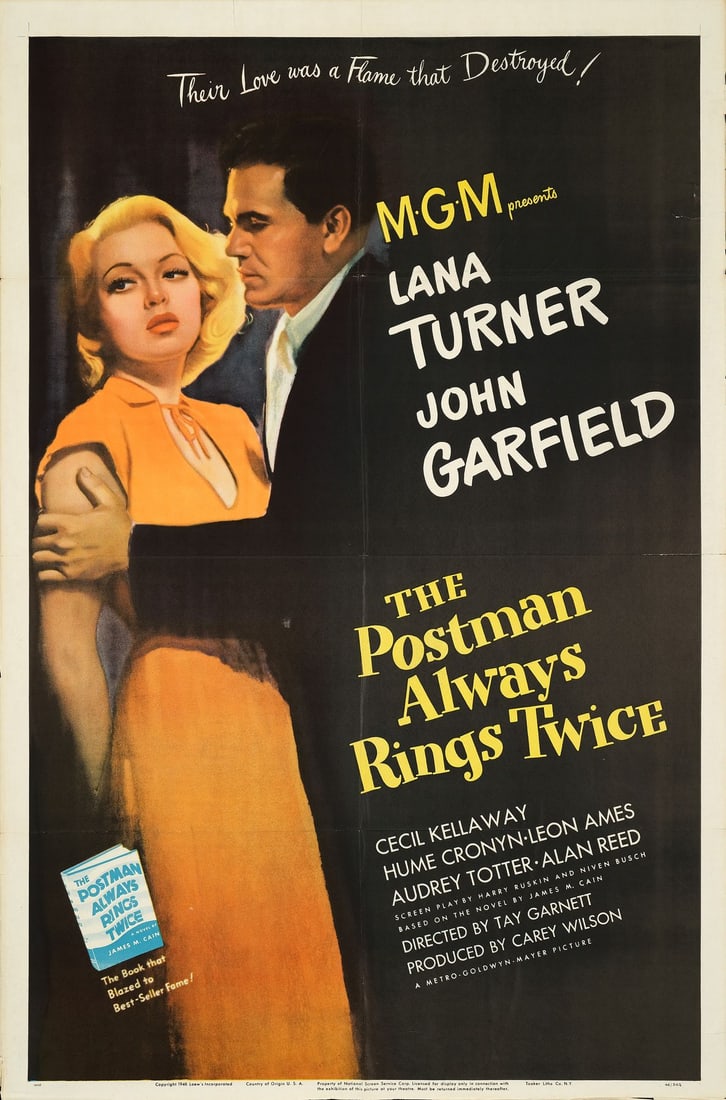 THE POSTMAN ALWAYS RINGS TWICE - One Sheet (27" x 41"); Very Fine- Folded: THE POSTMAN ALWAYS RINGS TWICE One Sheet (27" x 41") ; Very Fine- Folded MGM, 1946 This one sheet features an image of John Garfield that blends into the background,