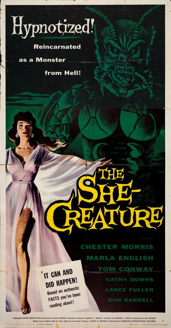 THE SHE-CREATURE - Three Sheet (41" x 79"); The Collection of the Late J. Stephen Ryan; Fine+ Folded: THE SHE-CREATURE Three Sheet (41" x 79") ; The Collection of the Late J. Stephen Ryan Fine+ Folded; Artwork by Albert Kallis AIP, 1956 This poster, printed on two pane