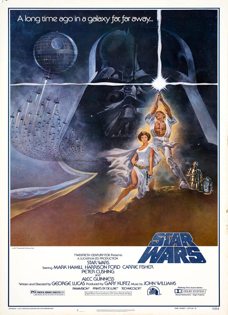 STAR WARS: A NEW HOPE - One Sheet (27" x 41"); Style A, First Printing; Very Fine- Rolled: STAR WARS: A NEW HOPE One Sheet (27" x 41"); Style A, First Printing ; Very Fine- Rolled; Artwork by Tom Jung 20th Century Fox, 1977 This rolled example of the first