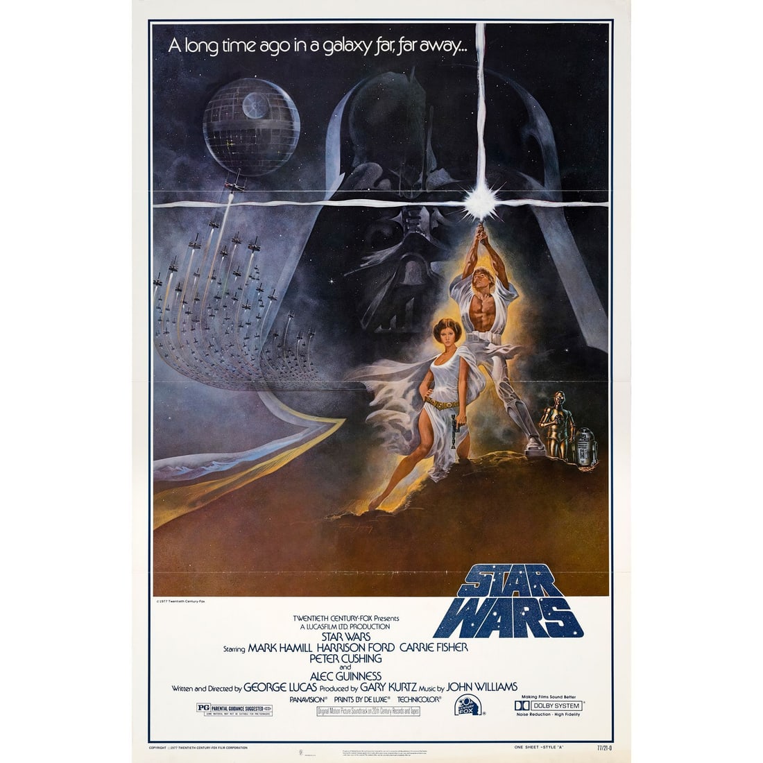 STAR WARS: A NEW HOPE - One Sheet (27" x 41"); Style A, First Printing; Very Fine- Tri-Folded in: STAR WARS: A NEW HOPE One Sheet (27" x 41"); Style A, First Printing ; Very Fine- Tri-Folded in Rolled State; Artwork by Tom Jung 20th Century Fox, 1977 This iconic