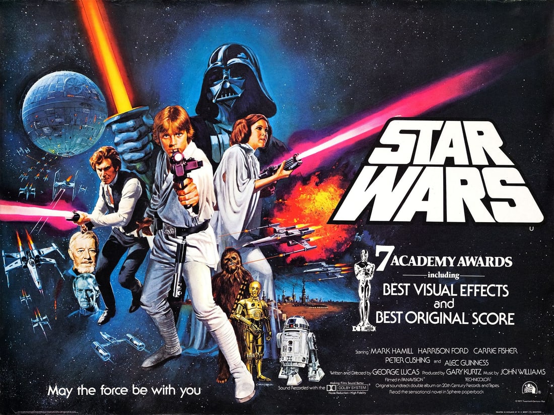 STAR WARS: A NEW HOPE - British Quad (40" x 30"); Academy Awards Style; Very Fine+ Rolled: STAR WARS: A NEW HOPE British Quad (40" x 30"); Academy Awards Style ; Very Fine+ Rolled; Artwork by Tom Chantrell 20th Century Fox, 1977 This full-bleed British quad