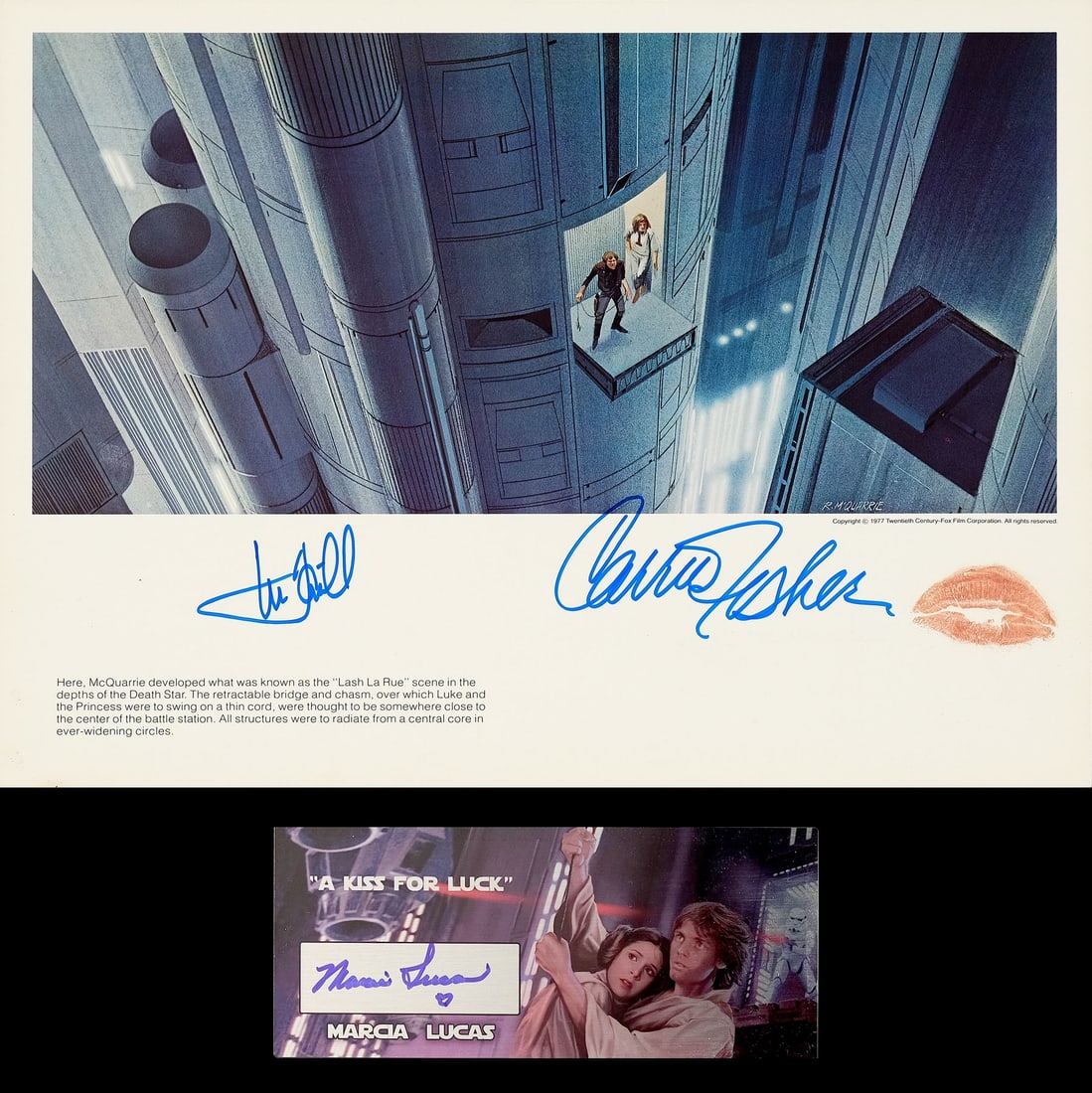 STAR WARS: A NEW HOPE - Color Art Print and Plaque (14" x 10.75", 7.25" x 3.25") Signed by Mark: STAR WARS: A NEW HOPE Color Art Print and Plaque (14" x 10.75", 7.25" x 3.25"); Lipstick-Kissed By Carrie Fisher (Official Pix Certified) Signed by Mark Hamill and Carrie Fisher (Official Pix Certifie