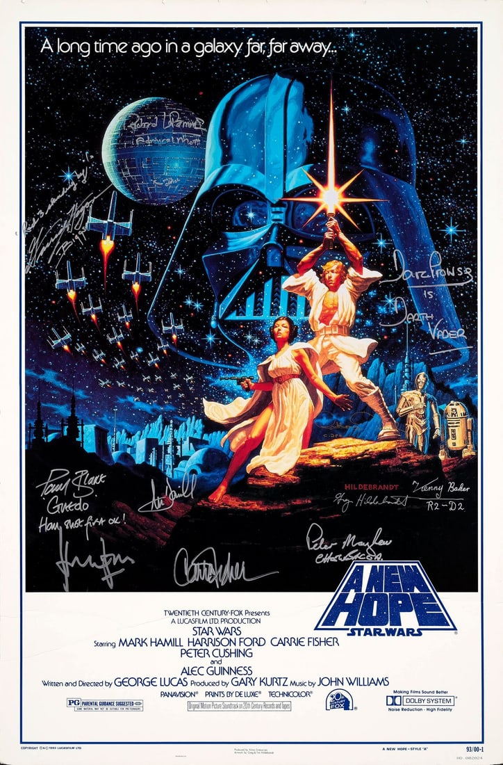 STAR WARS: A NEW HOPE - One Sheet (27" x 41") Signed by Mark Hamill, Harrison Ford, Carrie Fisher: STAR WARS: A NEW HOPE One Sheet (27" x 41"); Style B Signed by Mark Hamill, Harrison Ford, Carrie Fisher and 8 More (Beckett COA); Very Fine- on Foam Board; Artwork by Greg and Tim Hildebrandt