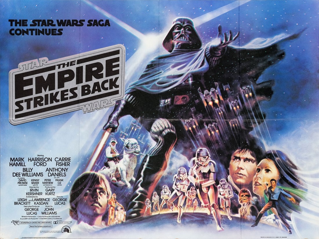 STAR WARS: THE EMPIRE STRIKES BACK - British Quad (40" x 30"); Black Title Style; Very Fine- Folded: STAR WARS: THE EMPIRE STRIKES BACK British Quad (40" x 30"); Black Title Style ; Very Fine- Folded; Artwork by Tom Jung 20th Century Fox, 1980 Known to collectors as