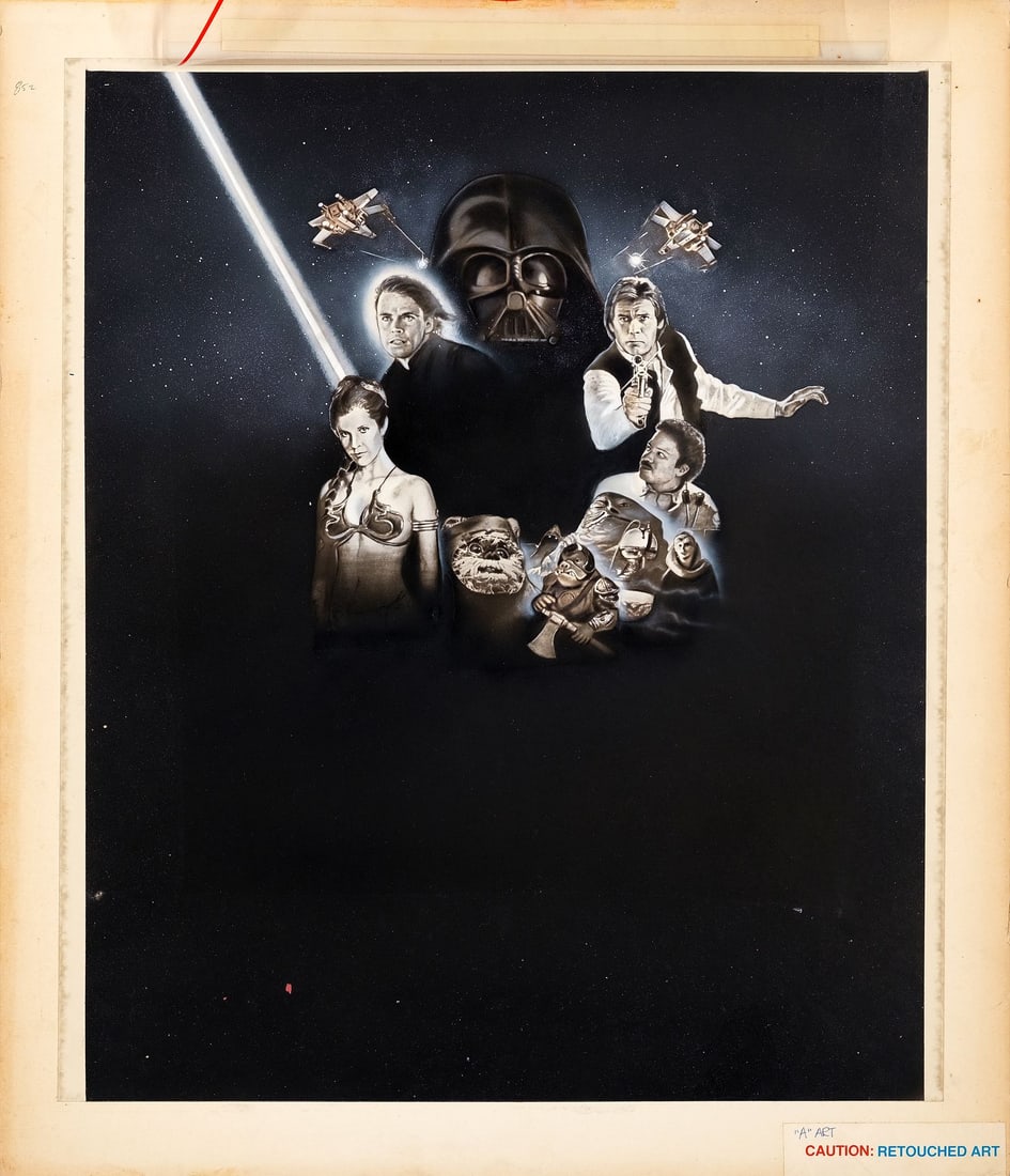 STAR WARS: RETURN OF THE JEDI - Mockup B&W Retouched Artwork (23" x 27"); Very Fine+: STAR WARS: RETURN OF THE JEDI Mockup B&W Retouched Artwork (23" x 27") ; Very Fine+ 20th Century Fox, 1983 This exceptional piece is a theatrical poster concept mock-