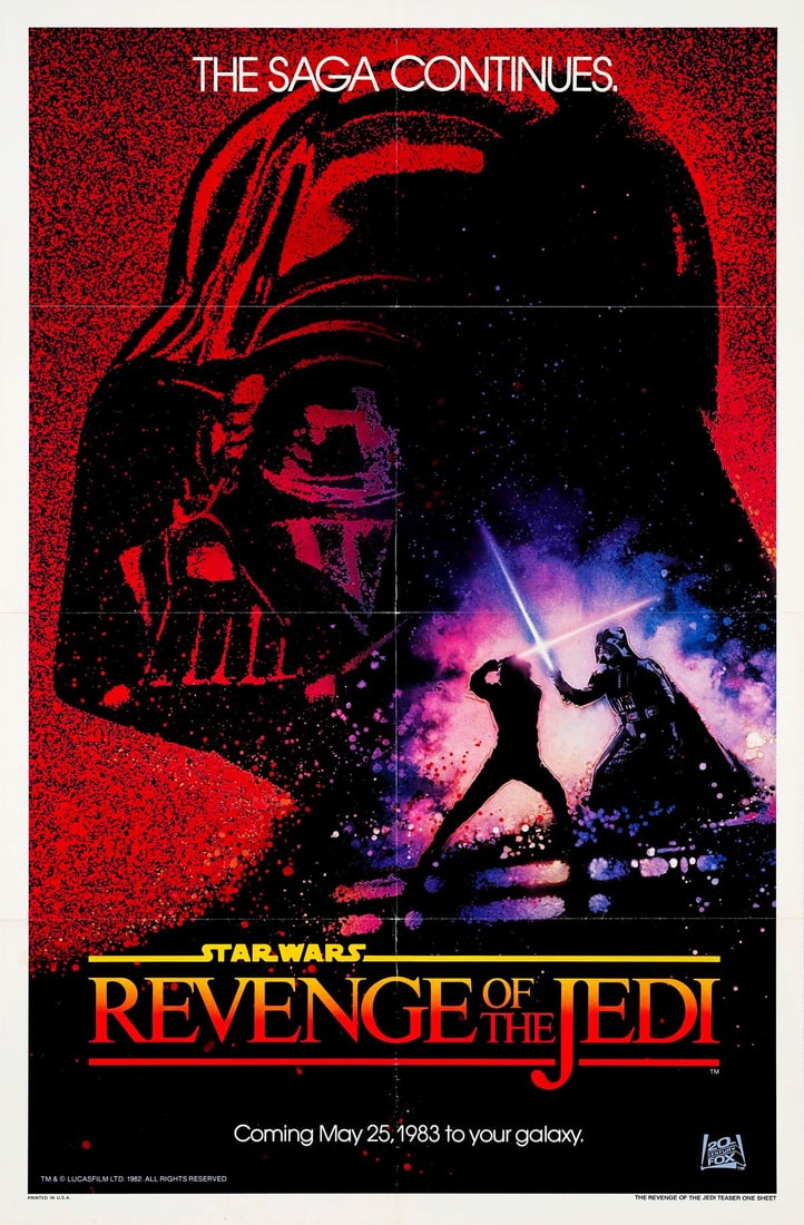 STAR WARS: RETURN OF THE JEDI - One Sheet (27" x 41"); Recalled Dated Advance "Revenge" Style; Near: STAR WARS: RETURN OF THE JEDI One Sheet (27" x 41"); Recalled Dated Advance "Revenge" Style ; Near Mint Folded; Artwork by Drew Struzan 20th Century Fox, 1983 This ex