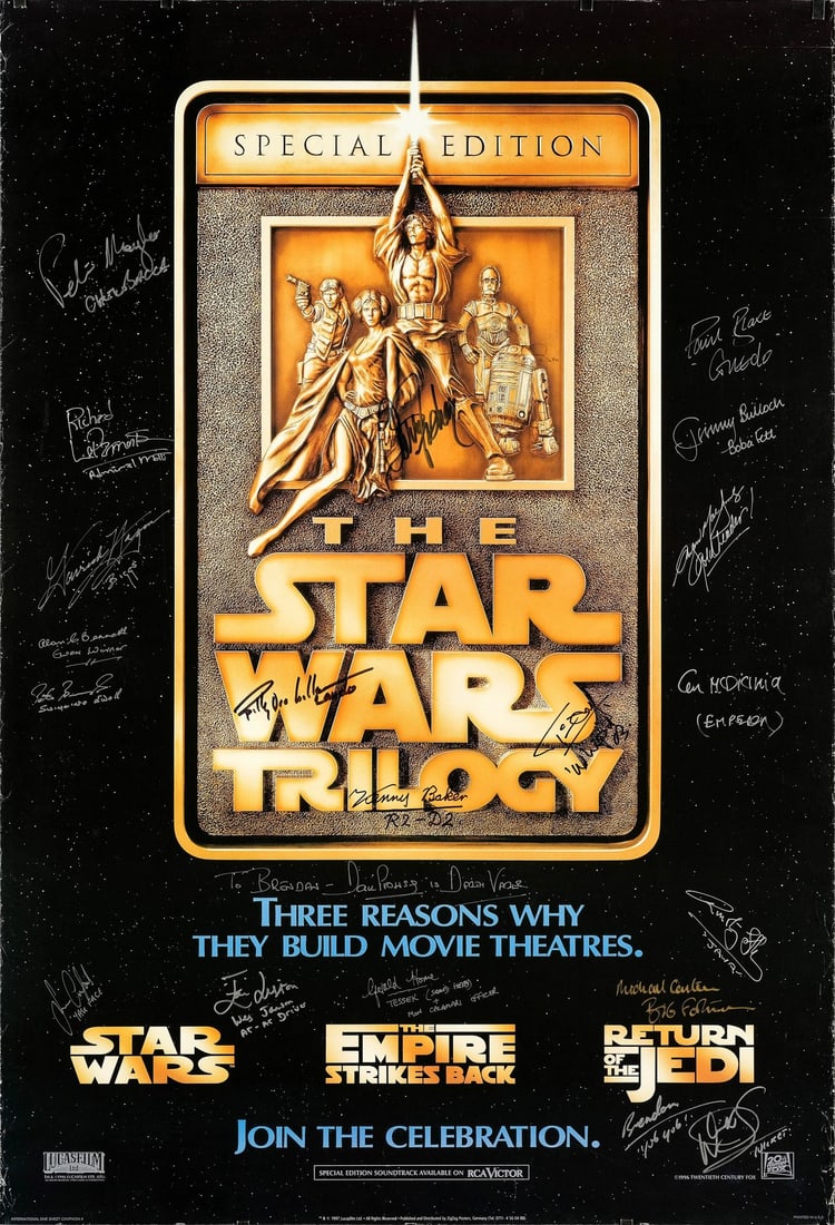 STAR WARS TRILOGY: SPECIAL EDITION - One Sheet (26.75" x 39") Signed by Carrie Fisher, Peter Mayhew,: STAR WARS TRILOGY: SPECIAL EDITION One Sheet (26.75" x 39") Signed by Carrie Fisher, Peter Mayhew, Anthony Daniels, Billy Dee Williams, Kenny Baker, and 16 Others (Grad Authenticated); Very Fine- R