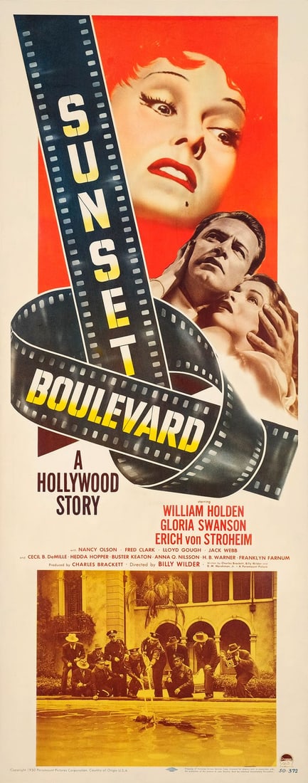 SUNSET BOULEVARD - Insert (14" x 36"); Very Fine- on Paper: SUNSET BOULEVARD Insert (14" x 36") ; Very Fine- on Paper Paramount, 1950 The haunting face of the faded silent film star Norma Desmond hovers over a pair of young lo