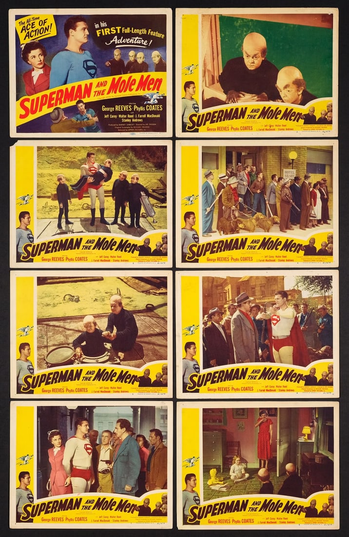 SUPERMAN AND THE MOLE MEN - Lobby Card Set (8) (11" x 14"); Fine+: SUPERMAN AND THE MOLE MEN Lobby Card Set (8) (11" x 14") ; Fine+ Lippert Pictures, 1951 Featuring George Reeves as Superman in the character's first full-length featu