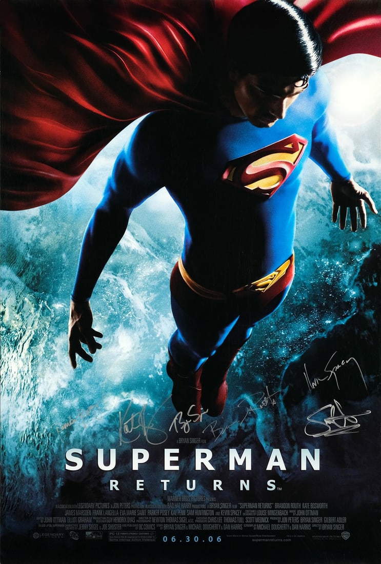 SUPERMAN RETURNS - One Sheet (27" x 40") Signed by Brandon Routh, Kate Bosworth, Kevin Spacey, Bryan: SUPERMAN RETURNS One Sheet (27" x 40") Signed by Brandon Routh, Kate Bosworth, Kevin Spacey, Bryan Singer, Sam Huntington, and Parker Posey (JSA COA); Very Fine+ Rolled Warner Bros., 2006