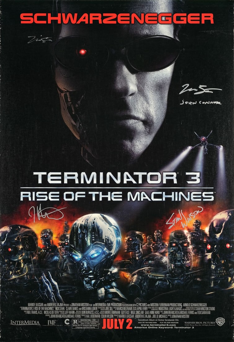 TERMINATOR 3: RISE OF THE MACHINES - One Sheet (27" x 40") Signed by Stan Winston, Nick Stahl and: TERMINATOR 3: RISE OF THE MACHINES One Sheet (27" x 40") Signed by Stan Winston, Nick Stahl and Jonathan Mostow (JSA COA); Fine+ Rolled Warner Bros., 2003 This one sh