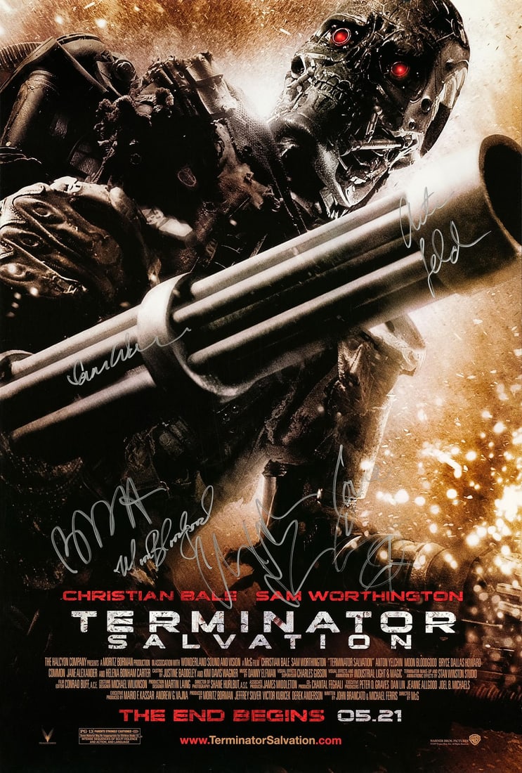 TERMINATOR SALVATION - One Sheet (27" x 40") Signed by Christian Bale, Sam Worthington, Anton: TERMINATOR SALVATION One Sheet (27" x 40"); Double-Sided Advance Signed by Christian Bale, Sam Worthington, Anton Yelchin, Moon Bloodgood and Bryce Dallas Howard (JSA COA); Very Fine+ Rolled Wa