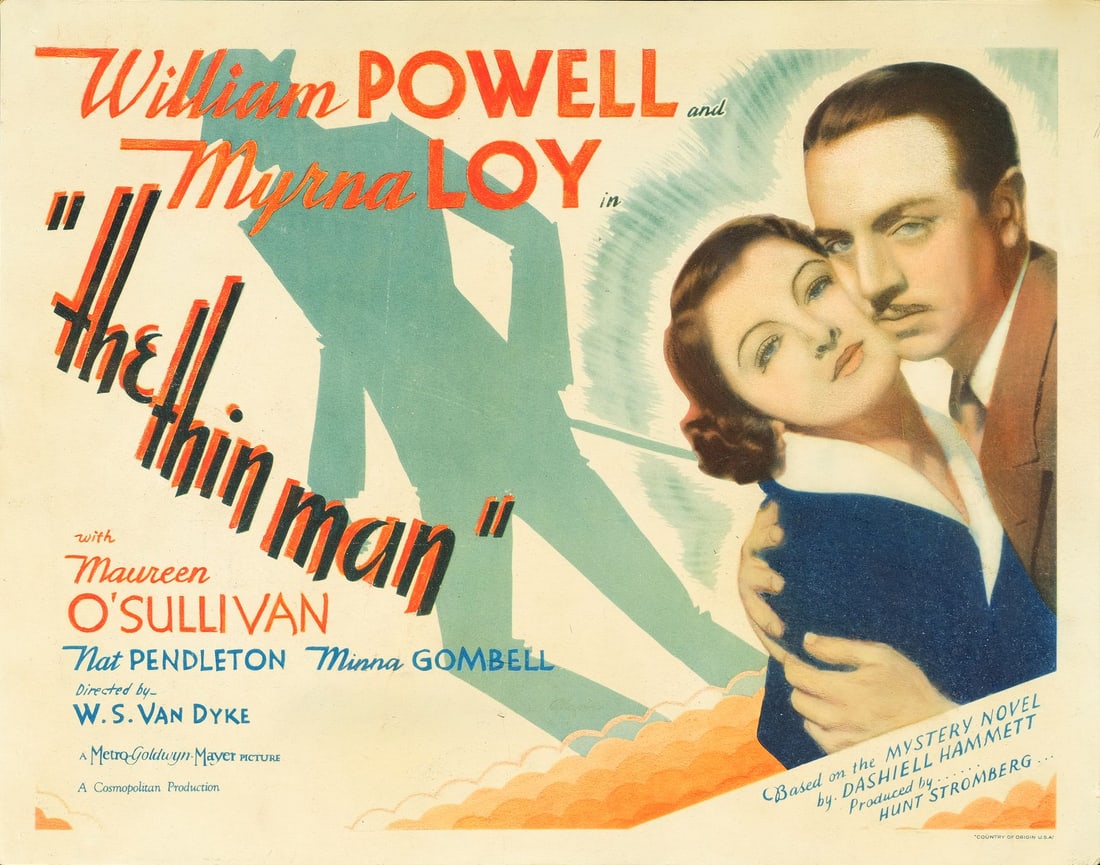 THE THIN MAN - Title Lobby Card (11" x 14"); Fine-: THE THIN MAN Title Lobby Card (11" x 14") ; Fine- MGM, 1934 Nick and Nora Charles (as portrayed by William Powell and Myrna Loy) are beautifully featured on this titl