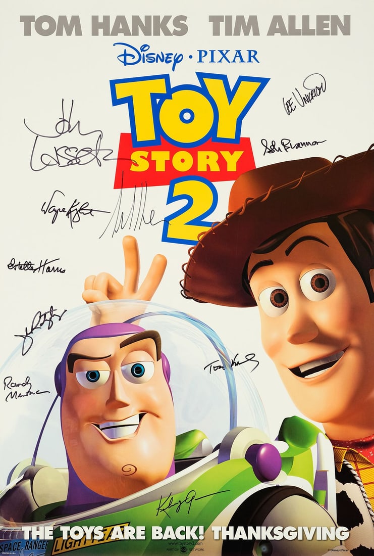 TOY STORY 2 - One Sheet (27" x 40") Signed by Tom Hanks, Tim Allen, Kelsey Grammer, Estelle Harris,: TOY STORY 2 One Sheet (27" x 40"); Double-Sided Advance Signed by Tom Hanks, Tim Allen, Kelsey Grammer, Estelle Harris, Wayne Knight, John Ratzenberger, Randy Newman, Ash Brannon (Director), Lee Unkri