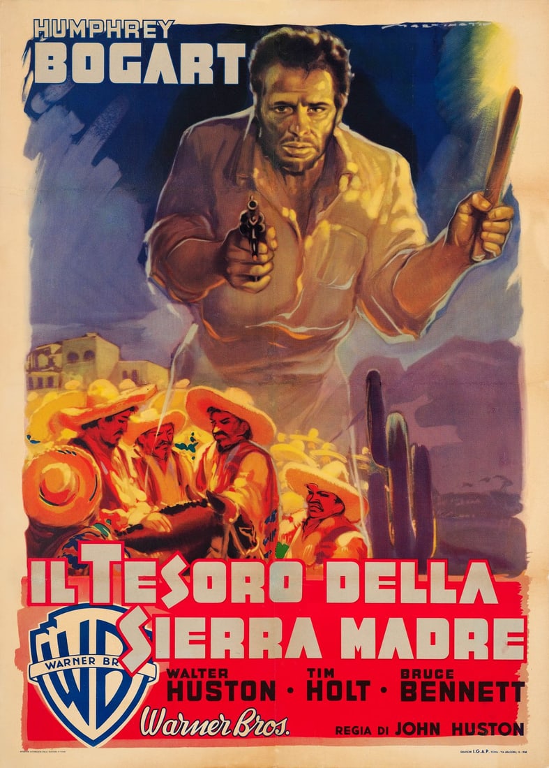 THE TREASURE OF THE SIERRA MADRE - Italian Two Fogli (40" x 55"); Very Fine- on Linen: THE TREASURE OF THE SIERRA MADRE Italian Two Fogli (40" x 55") ; Very Fine- on Linen; Artwork by Luigi Martinati Warner Bros., 1948 This original Italian poster featu