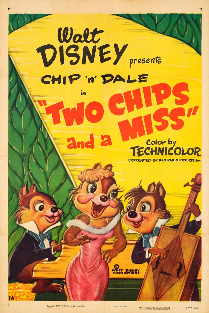 TWO CHIPS AND A MISS - One Sheet (27.5" x 41"); Style A; Very Fine+ on Linen: TWO CHIPS AND A MISS One Sheet (27.5" x 41"); Style A ; Very Fine+ on Linen RKO, 1952 Featuring charming artwork of Chip and Dale accompanying beautiful Clarice as sh