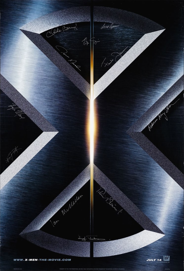 X-MEN - One Sheet (27" x 40") Signed by Hugh Jackman, Ian McKellen, Patrick Stewart, Ray Park, Tyler: X-MEN One Sheet (27" x 40"); Double-Sided Advance, Version A Signed by Hugh Jackman, Ian McKellen, Patrick Stewart, Ray Park, Tyler Mane, Rebecca Romijn, Famke Janssen, James Marsden, Anna Paquin, Hal