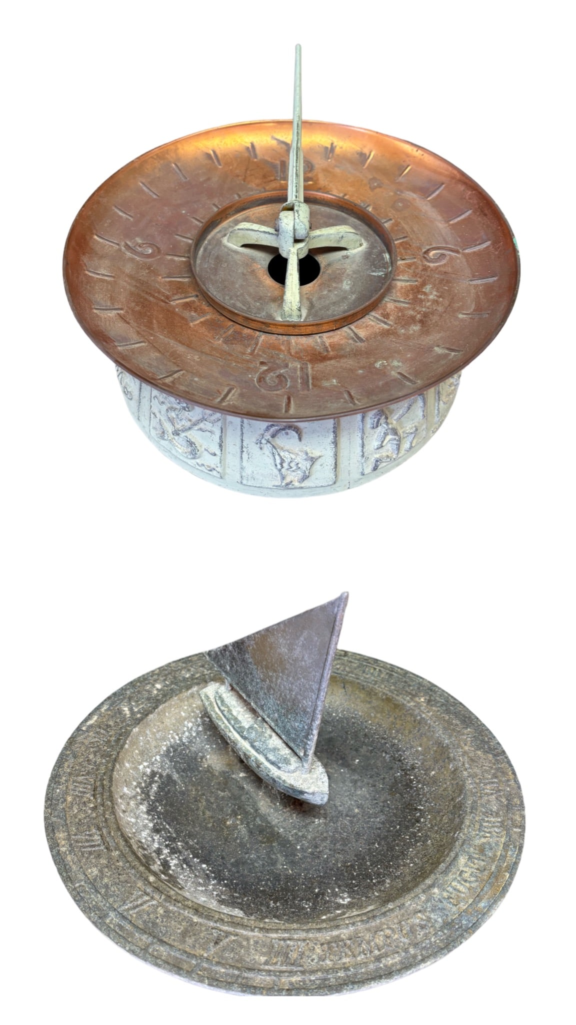 Copper & Metal Sundials: Including copper dial face with patina metal hand, and patina metal sailboat sundial/birdbath with Roman numeral edge sailboat (as is) as shown. 10" diameter on copper face. Condition Concerning condi