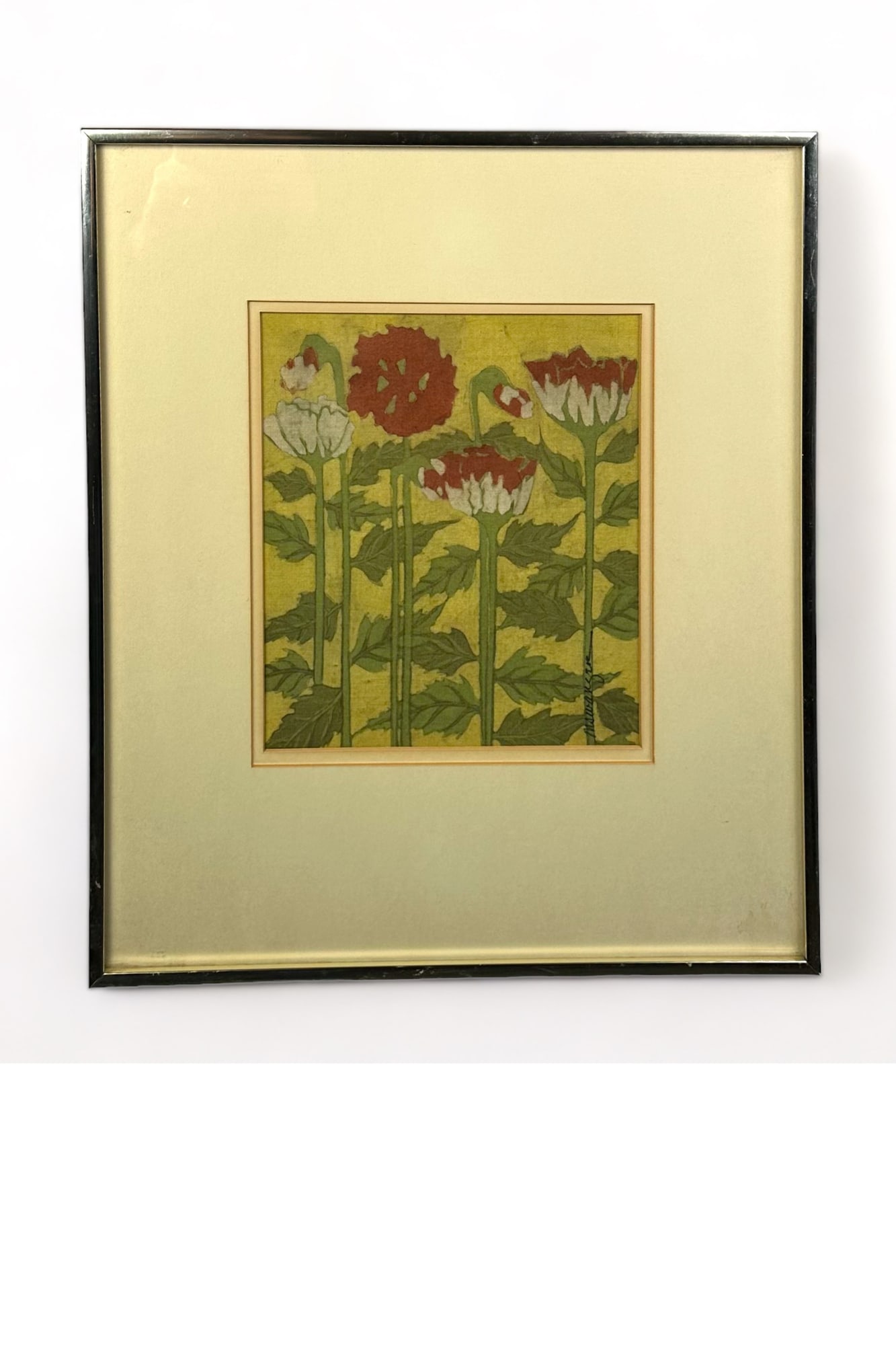 "Poppies" by Martha Swanger: "Poppies" by Martha Swanger contemporary design in Batik, signed 15 1/4 x 17 1/4 framed. Condition Concerning condition all lots are sold "as is" please read our terms and conditions before bidding.