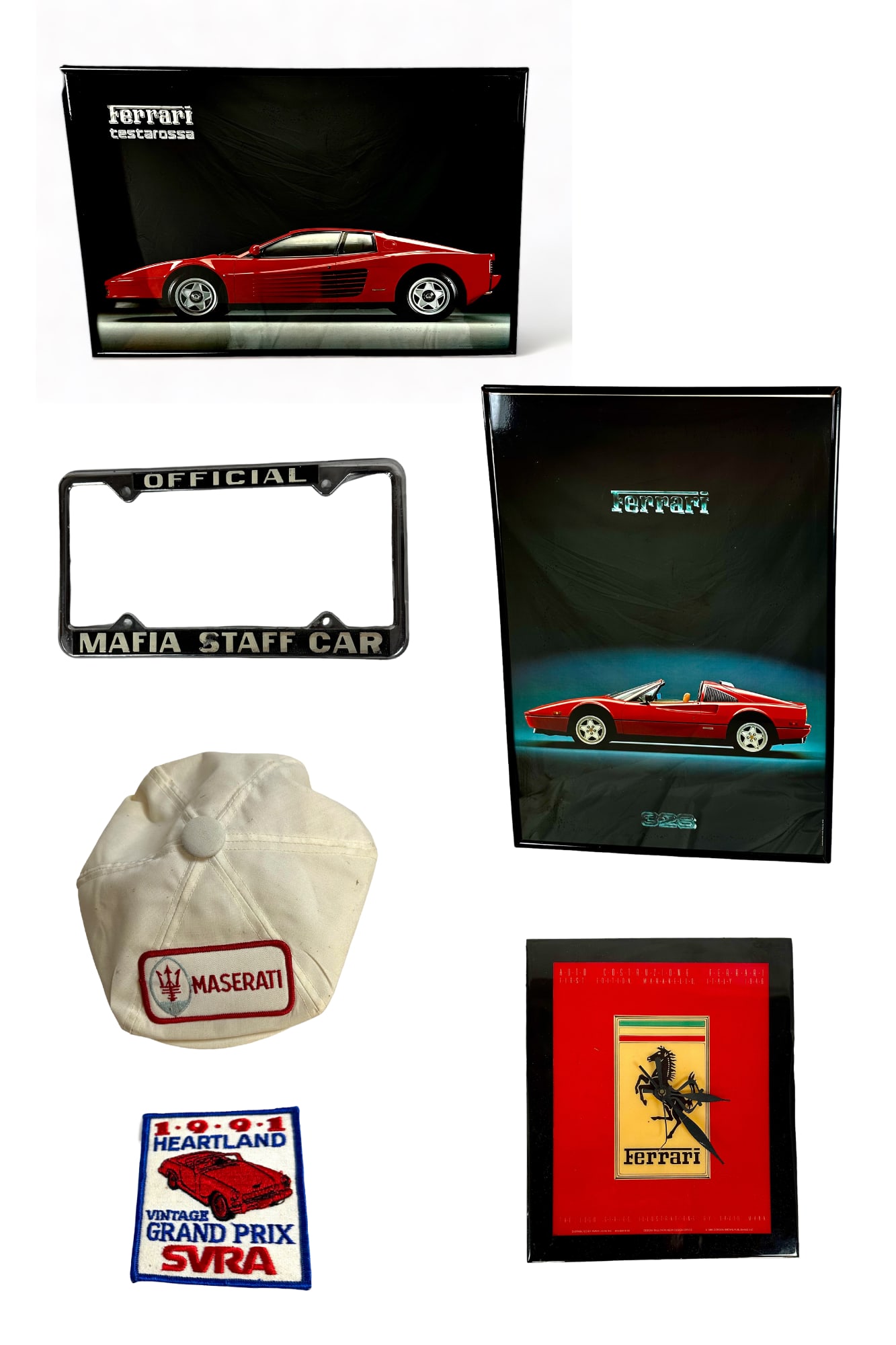 Circa 1990 Ferrari Posters: Assorted Ferrari Posters Framed, 40 x 27" largest Official Mafia Staff Car tag frame Vintage Maserati Newsboy Cap some loss Ferrari Wall Clock by David Mann, 1st Ed. Maranello Italy 1946 and 1991 Hear