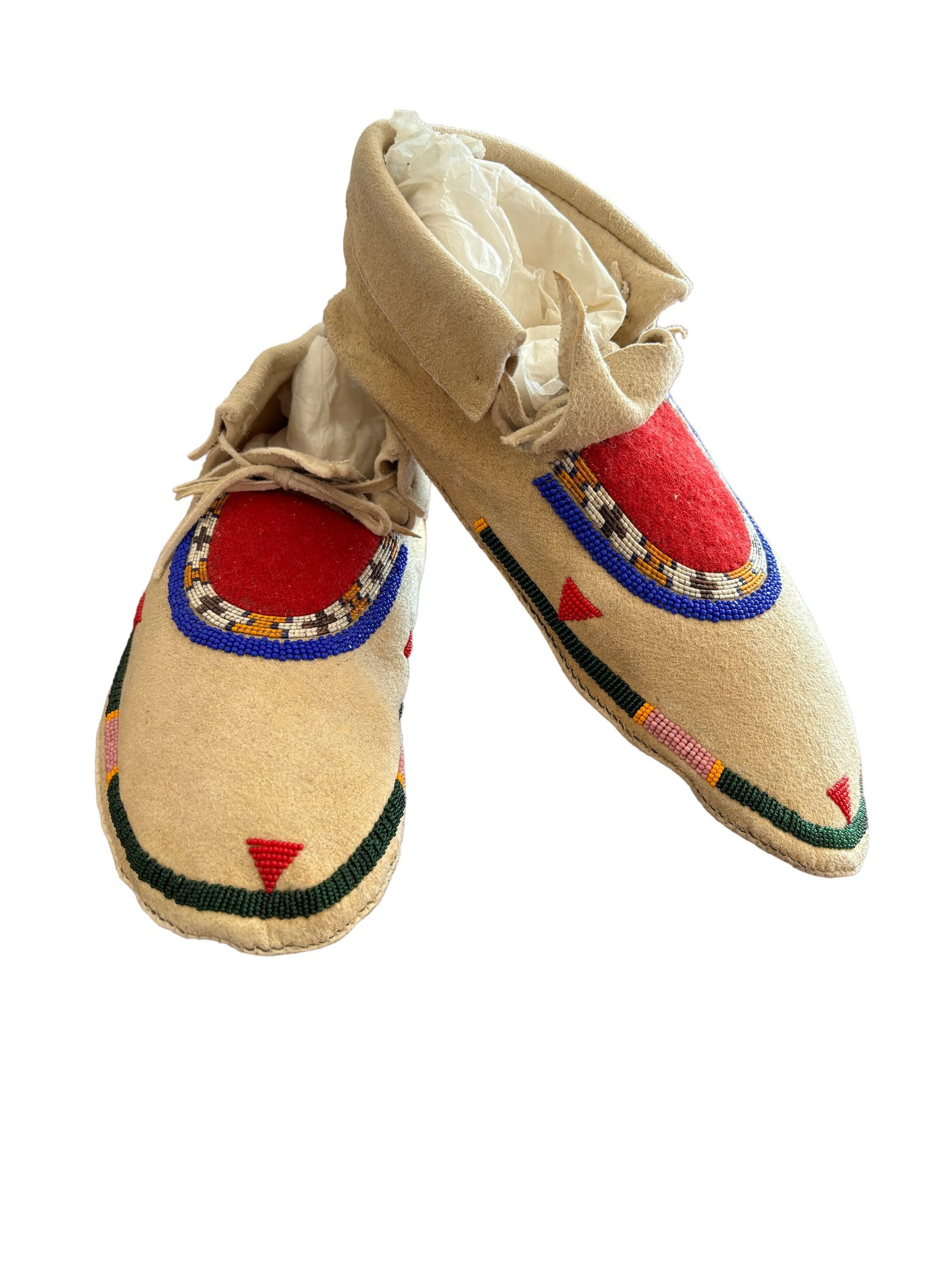 Hand Beaded Moccasins: Vintage hand beaded Native American style moccasins toe to heel 10.5" ! Please see terms and conditions for 3rd party shipping/mover information, 15% buyers premium, condition terms, and other importa