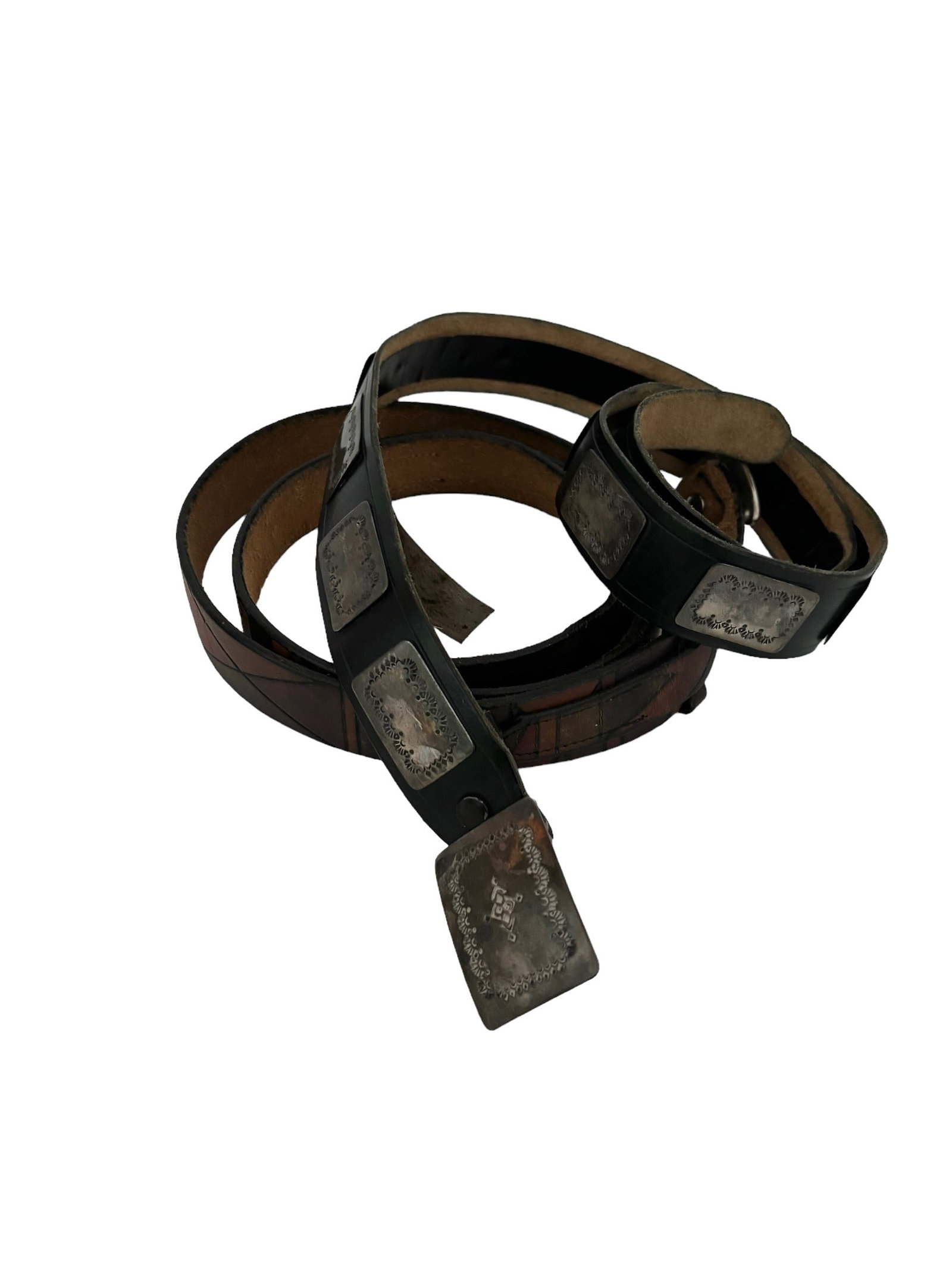 Mens Western Belts: Including; Black leather square concho belt signed 1991 43: long Leather dress belt with multi tone design. Fred Cohen Santa Fe. 44" long ! Please see terms and conditions for 3rd party shipping/mover