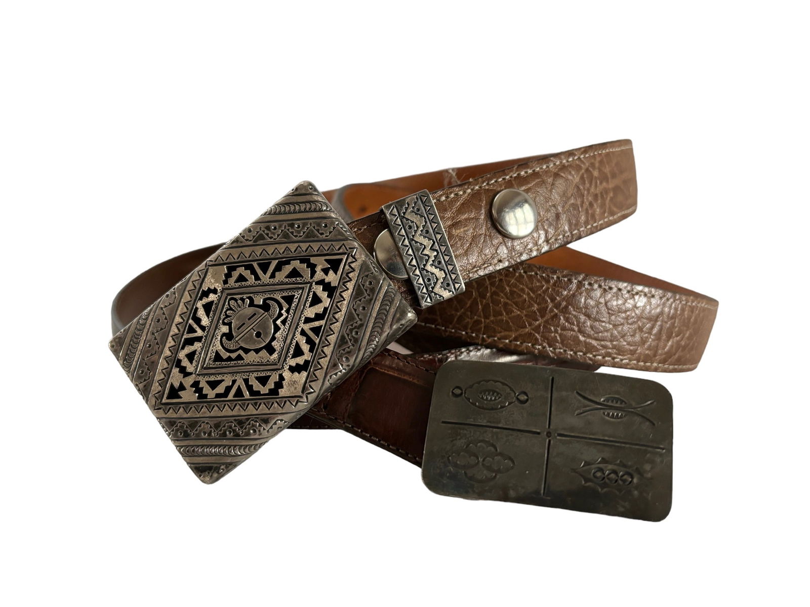 Mens Sterling and Leather Belts: Including Peter Nelson sterling buckle and leather belt sz 44, Brazos Joe Belt Co. and L P Sterling Lag-Zun buckle with Brighton belt. ! Please see terms and conditions for 3rd party shipping/mover in