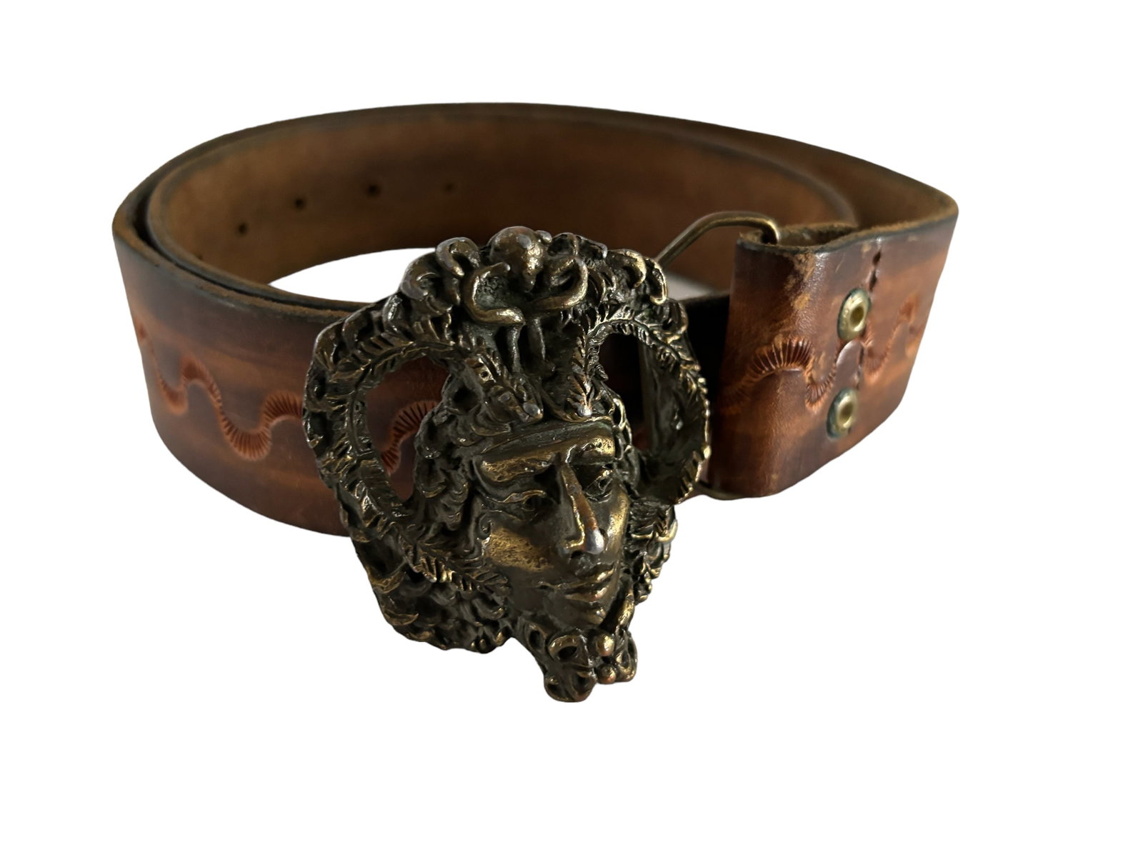 Bergamot Brass Works Belt Buckle: Bergamot Brass Works ornate belt buckle Aztec Chief stamped leather belt with tooling 40" long ! Please see terms and conditions for 3rd party shipping/mover information, 15% buyers premium, condition